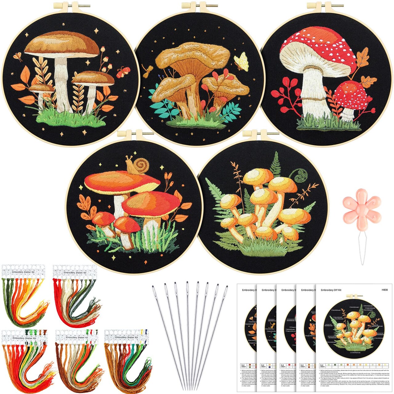 5 Sets Mushroom Embroidery Kit for Beginners with Pattern and Instructions Include Embroidery Cloth Hoops Threads for Craft Lover Hand Stitch DIY Adult Hand Needlepoint